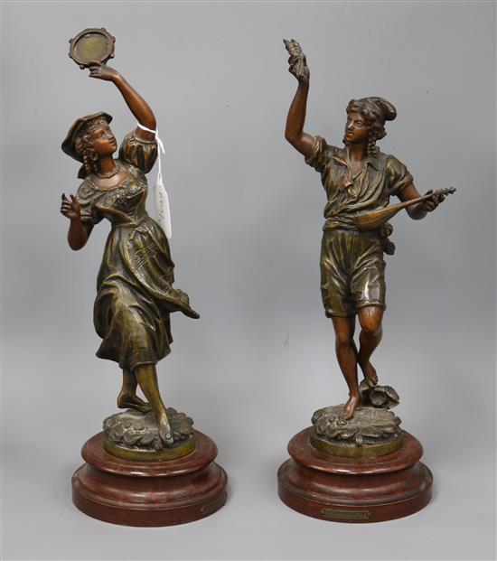 A pair of spelter figural musicians, on wooden bases tallest 44cm